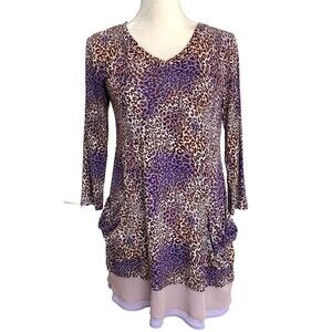 LOGO Lori Goldstein XS Purple Brown Leopard Knit Tunic Top Woven Hem Pockets